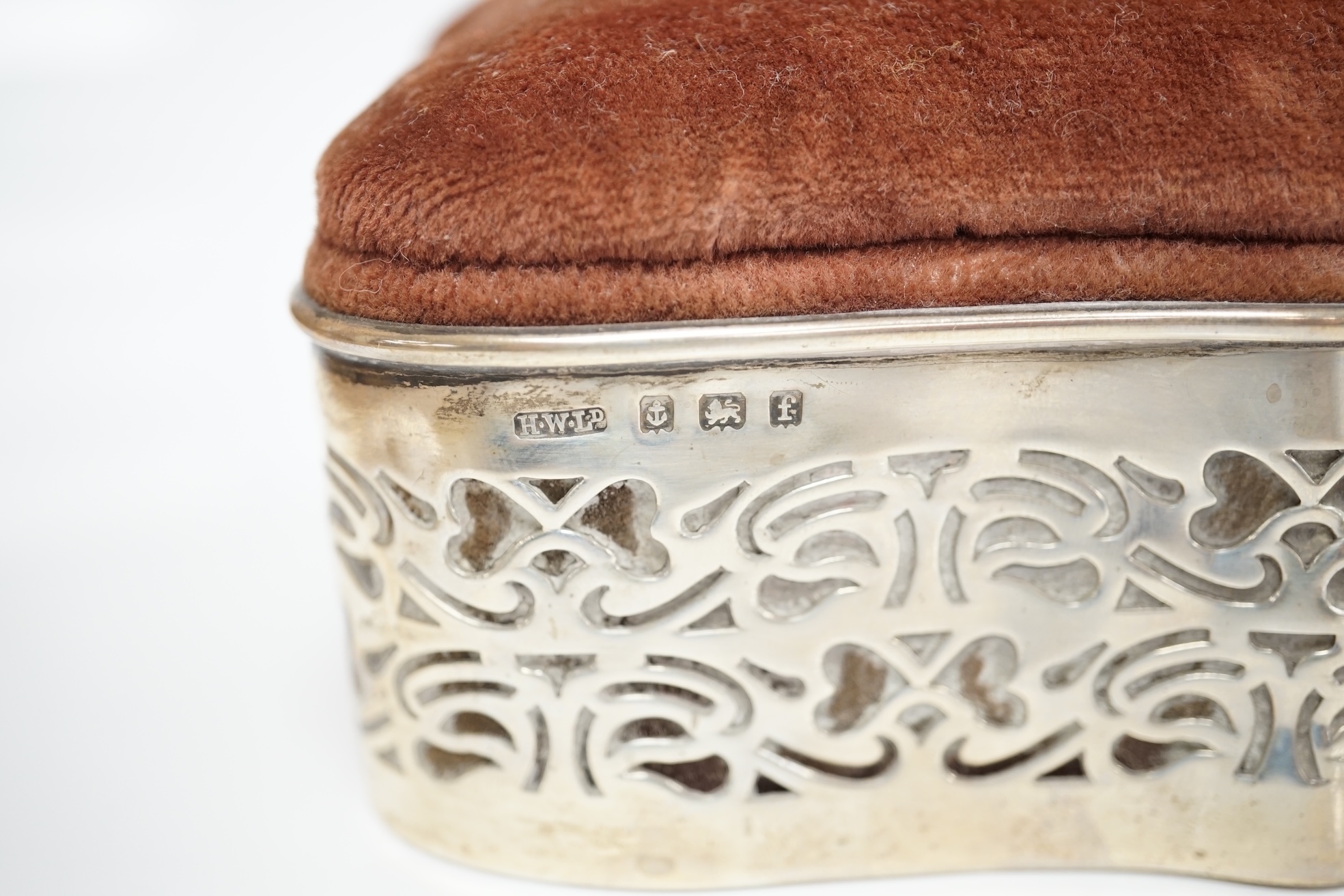 An Edwardian pierced silver mounted pin cushion/trinket box, by Henry Williamson Ltd, Birmingham, 1905, 12.8cm. Condition - poor